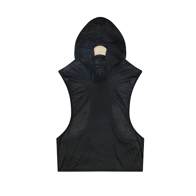 Men Solid Mesh Hooded Tank Top V Neck Hollow Side Cutout Sleeveless Loose Breathable Gym Workout Muscle Vest (Pant Not Included)