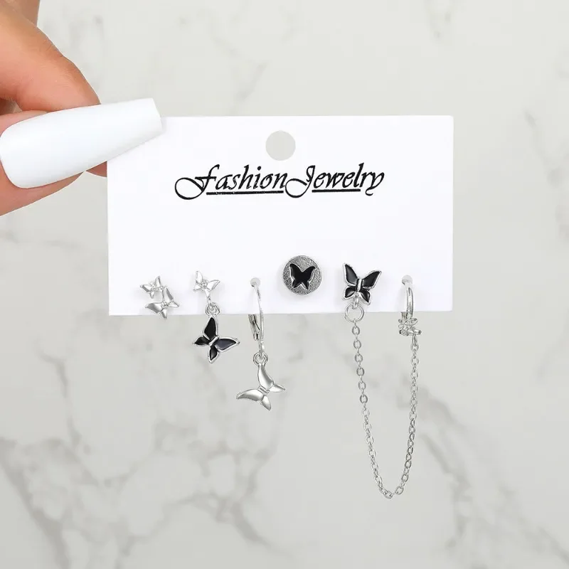 5Pcs Butterfly Pendant Earrings Set for Women Teenagers Fashion Silver Color Metal Drop Earring 2023 Trend New Jewelry Set Gifts