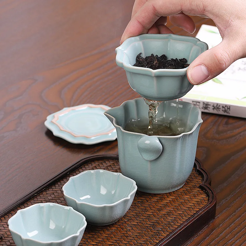 

Ru Kiln Quick Tea Set Один горшок с двумя чашками Дорожный чайный сервиз Открытый кемпинг Портативный чайный сервиз кунг-фу Полный набор