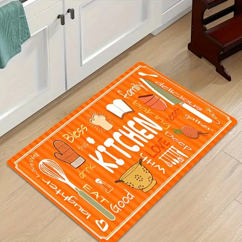 Orange Kitchen Rug with Utensil & Cooking Print - Non-Slip Soft Machine-Washable Suitable for Bedside, Hallway, Indoor Use