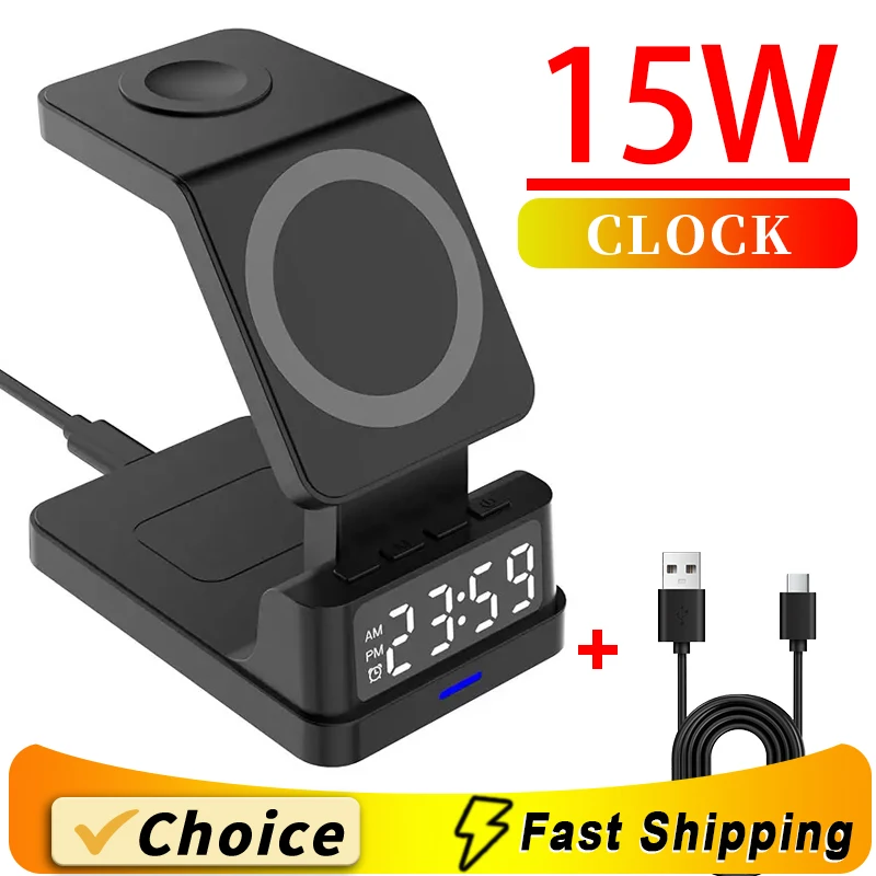 Wireless fast charger 4 in 1 magnetic stand with multi-function digital clock 15W fast charging for smart mobile phone