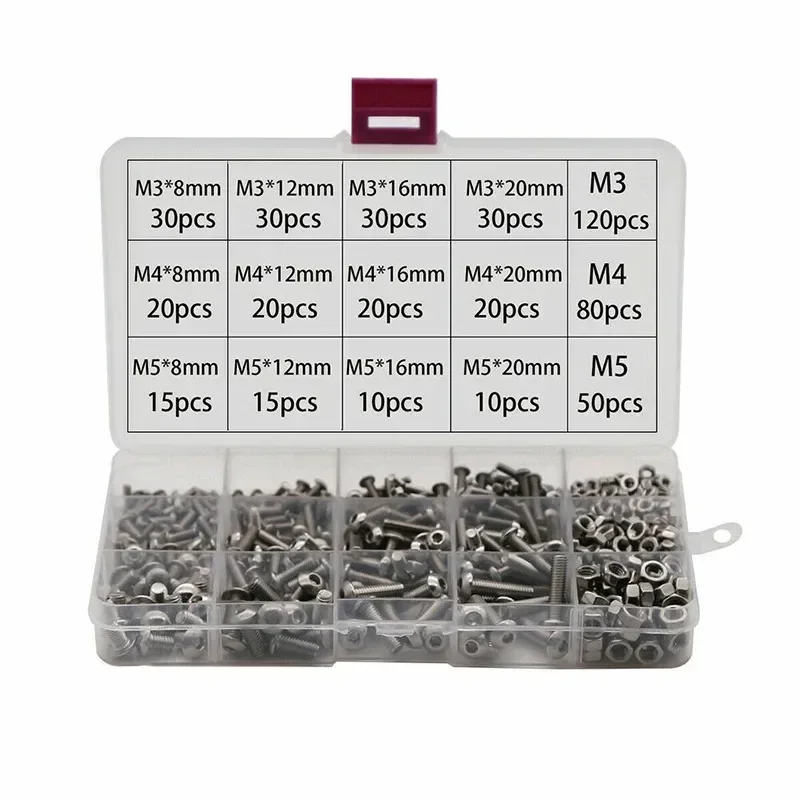 500pcs M3 M4 M5 Stainless Steel Hex Button Socket Head Cap Screw Nut Hexagon Metric Thread Machine Bolt Assortment Kit Set
