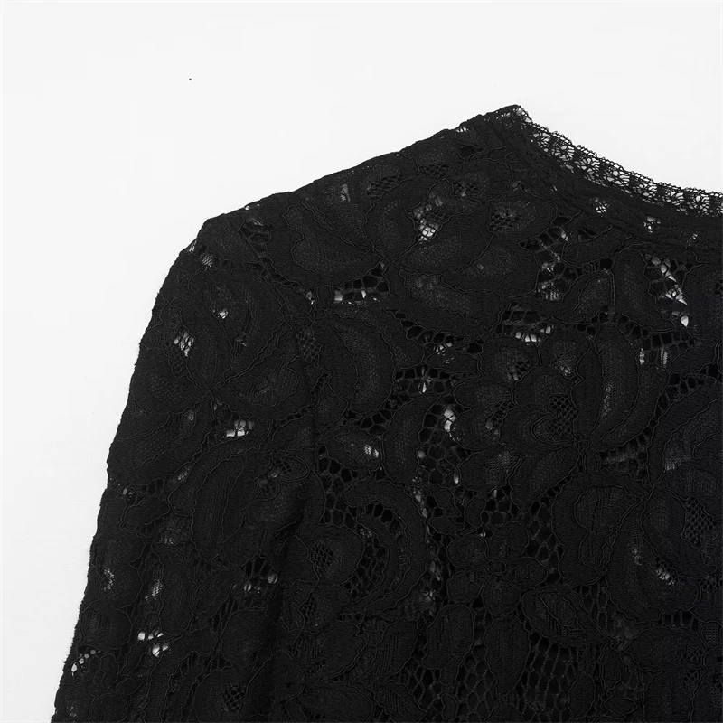 ブラック長袖レースミディドレス - エレガントなシアーフローラルレースイブニングパーティードレス2026
