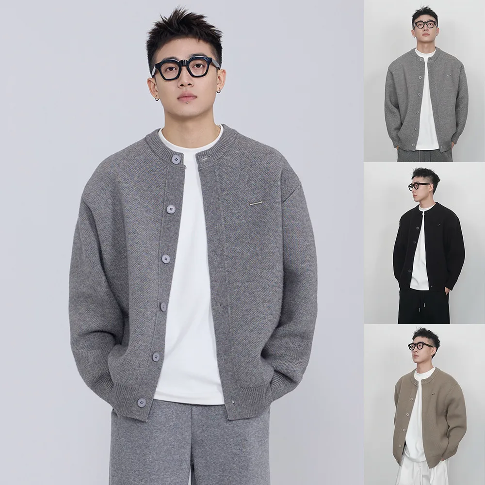 

Autumn Winter Men's Knitted Sweater Cardigan Jaet Pure Color Warm Casual Busin Cross-Border Long Sve round Ne