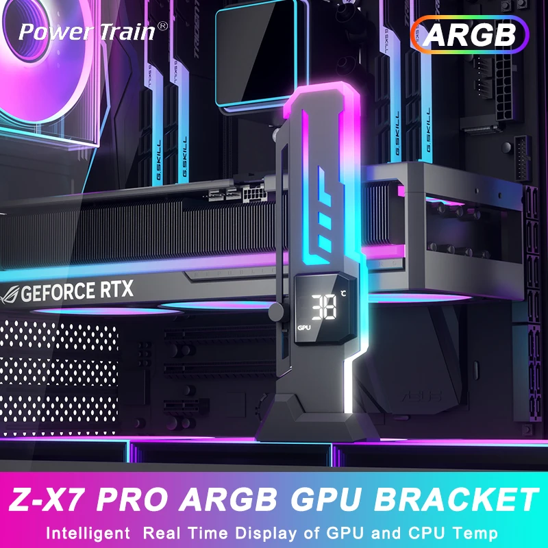 

Кронштейн для видеокарты Power Train Z-X7 PRO ARGB с поддержкой Smart Digital Display, регулируемый по высоте, для игровых видеокарт GPU/VGA