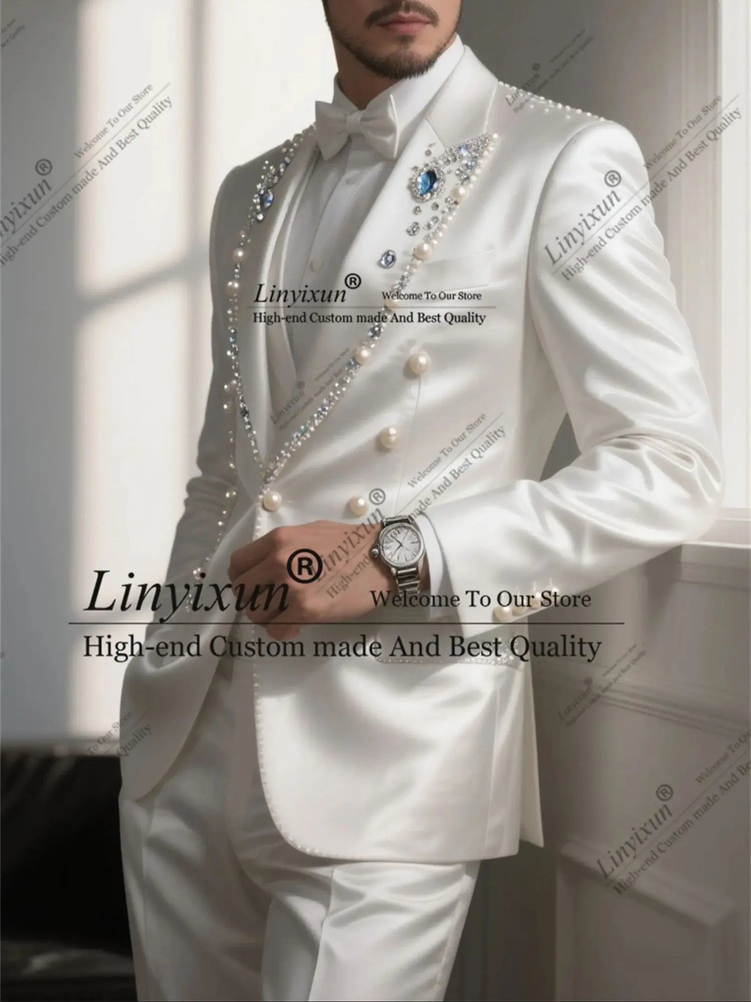 

Роскошный мужской костюм с бриллиантами и бисером, красивые свадебные смокинги с остроконечными лацканами, Ropa Hombre, индивидуальные комплекты из 3 предметов, мужские пиджаки для жениха