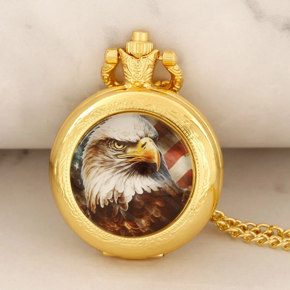 Vintage Golden Eagle Design Quartz Pocket Watch Women Men Necklace Unique Pendant Clock Watch Gift Accessories