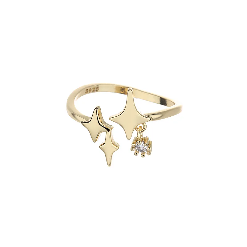 PANJBJ 925 Sterling Silber Vierzackiger Stern Glänzender Zirkon-Ring Hochwertiger Personalisierter Verstellbarer Schmuck – Detail 28