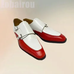 Red White Sewing Design Buckle Decor Double Monk Loafers Fashion Slip On Men Shoes Luxury Handmade Party Office Men Dress Shoes