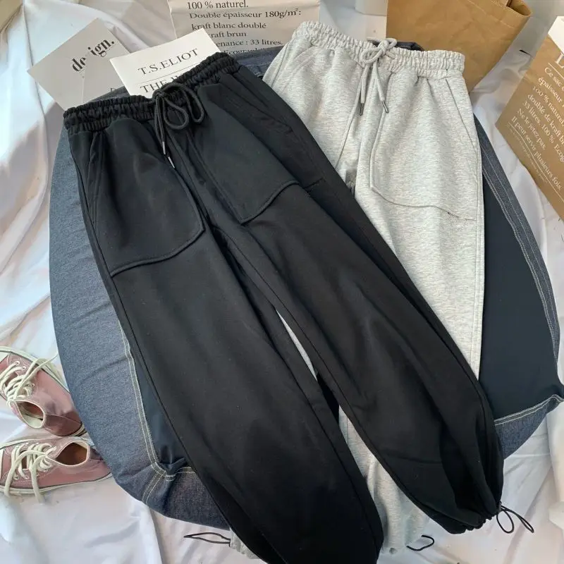 2023 New Spring and Autumn Fashion High Waist Lace Up Casual Loose Solid Color Versatile Drawstring Tied Feet Cropped Sweatpants