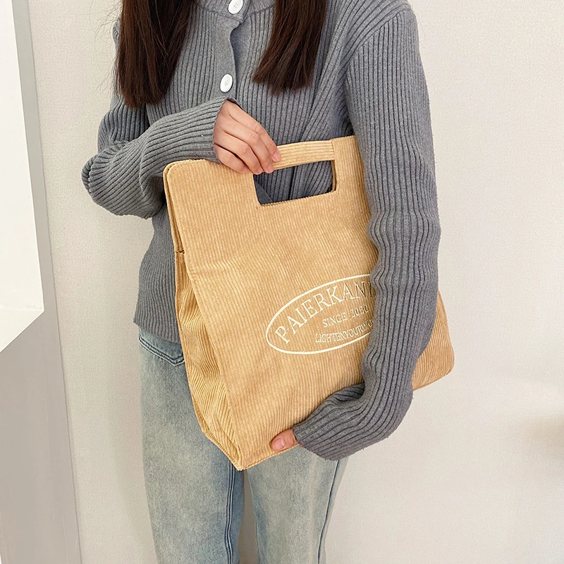 

Casual Large Capacity Corduroy Tote Bag Vintage Stripe Letter Embroidery Shoulder Crossbody Bag OL Commuter Handbag 2023 New