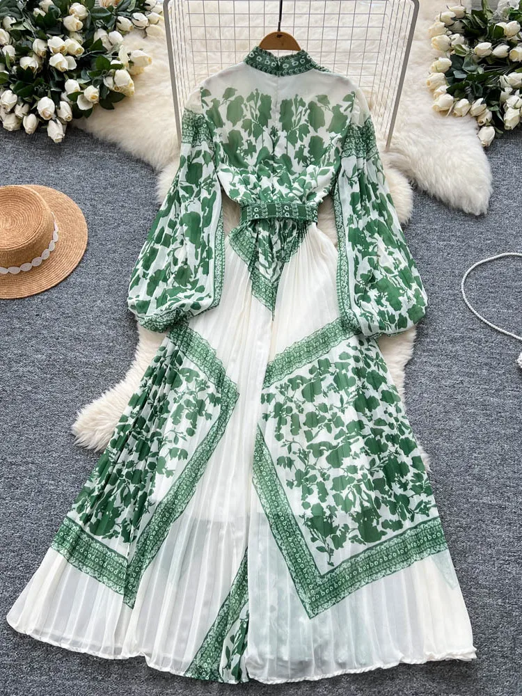 Ele imprimé longue Dr femmes taille haute lanterne Sve noeud taille conception coréenne Sle trajet a-ligne jupe