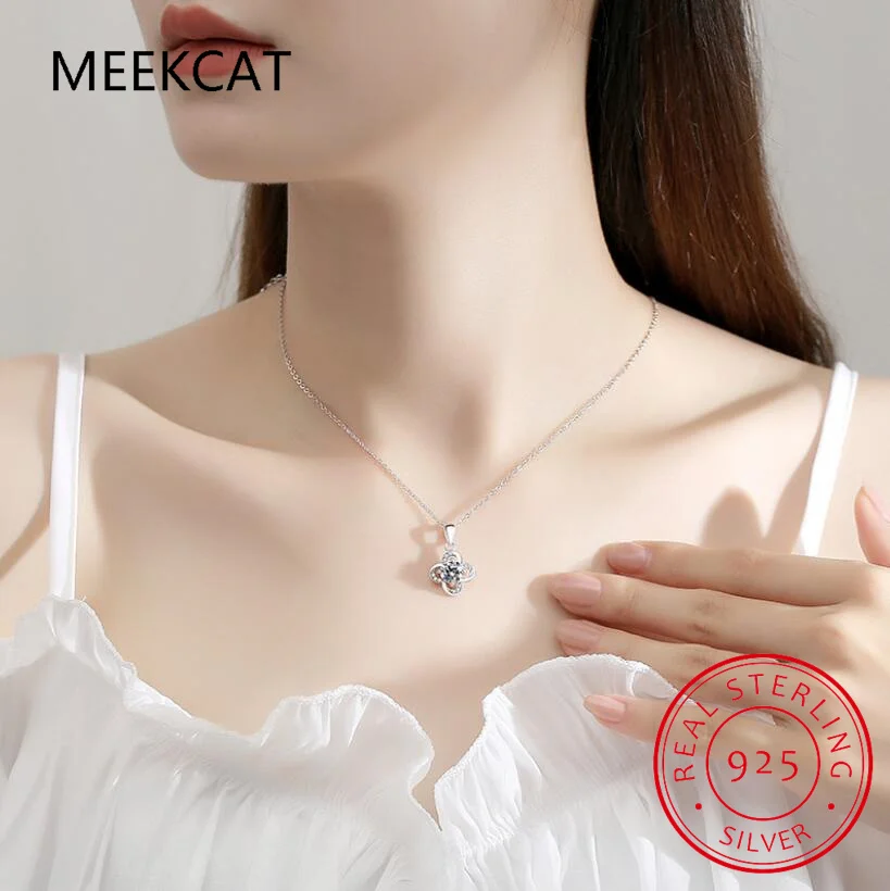 1 Carat Real Moissanite Pendant Necklace for Women Lucky Four Clover 925 Sterling Silver Wedding Bridal Jewelry MSN002