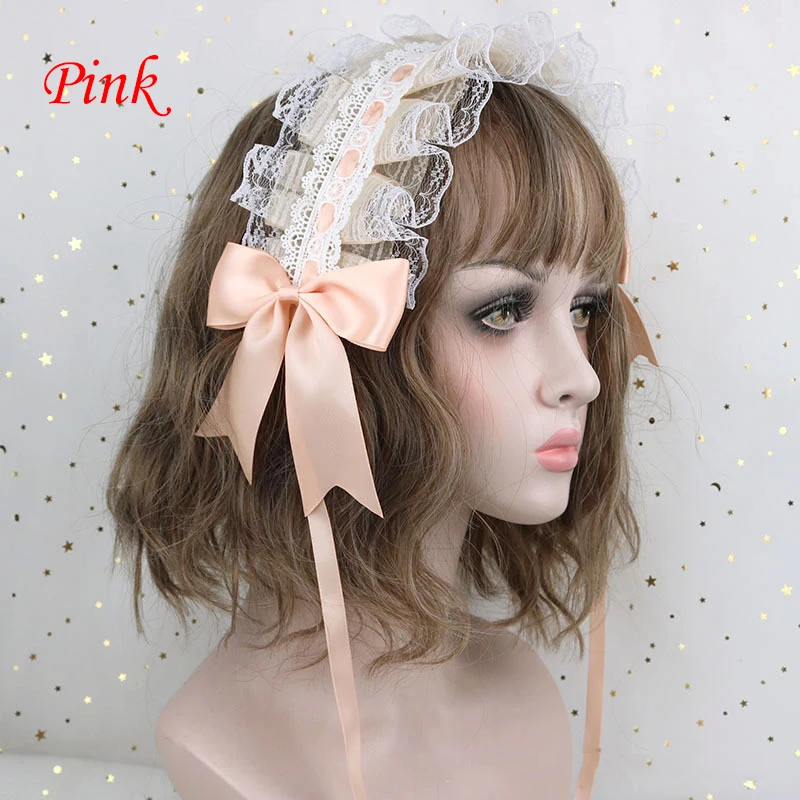 Lolita Japanese Lace Bow Ribbon Headdress, Sweet Headband para Meninas, Cute Soft Girl Anime Cosplay, Acessórios para Cabelo