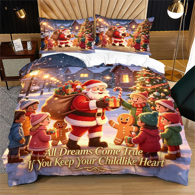 2/3Pcs Christmas Duvet Cover Set,Polyester,Multi‑Size,Washable,Winter Santa Snow Scene Pattern (No Filling & Pillowcase)