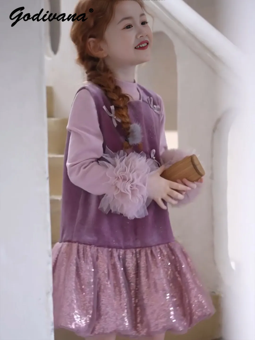 Baby Girls Autumn 2026 New Birthday Party Princess Dress Set Kids Sweet French Sequin Bow Vest Dress Mesh Patchwork Bottom Shirt