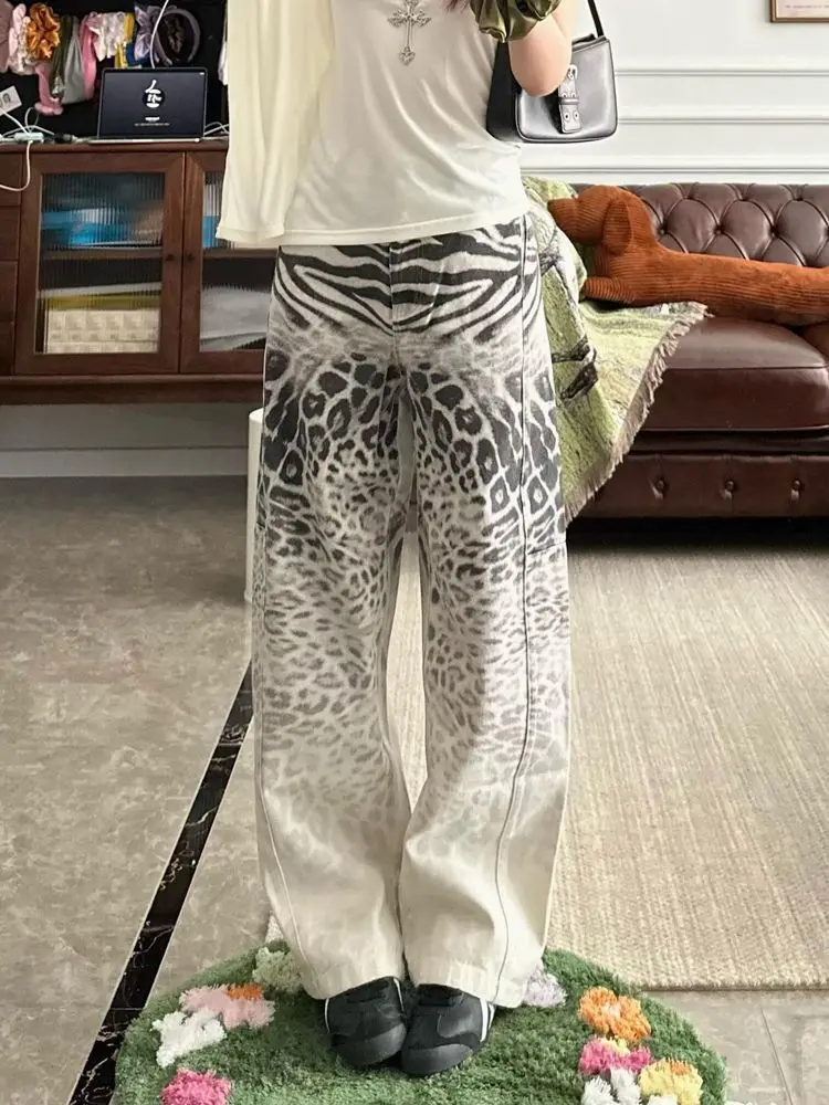 

Джинсы с леопардовым принтом, женские свободные прямые брюки в стиле ретро Y2k, мешковатые джинсы