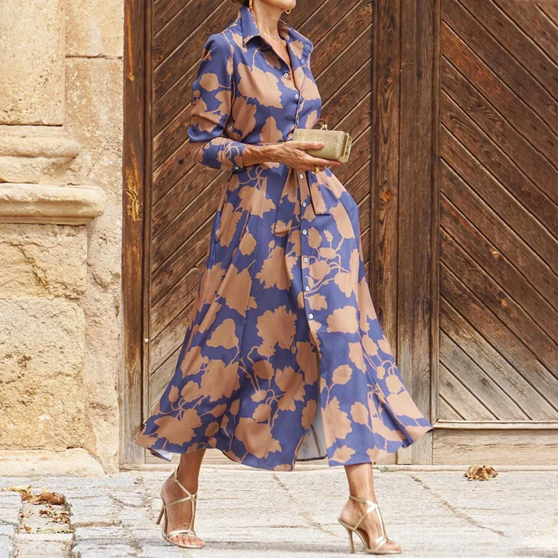 

2025 Autumn New Women's Fashion Temperament Elegant Lace Waist Printed Mid-length Dress Long Dresses for Women