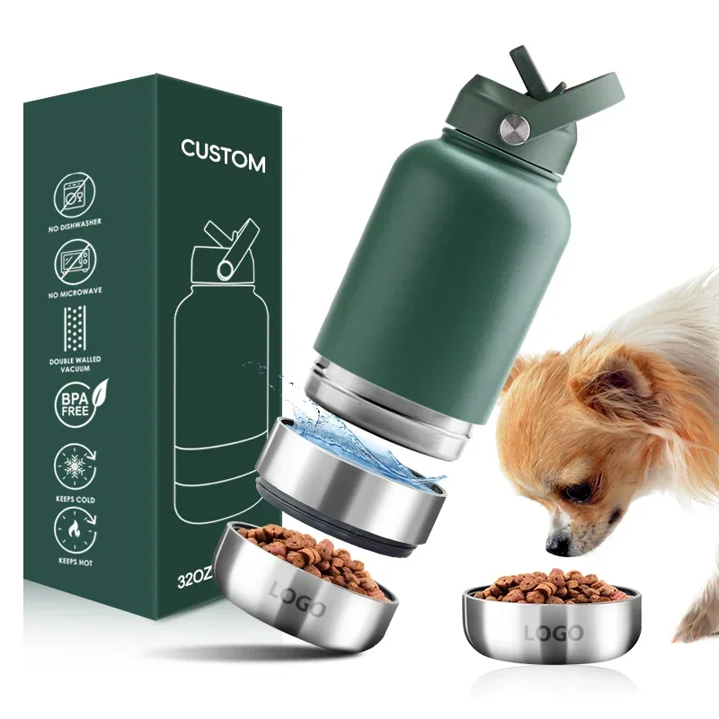 Stainless Steel Insulated Water Bottle Portable Dog Travel Water Bottle with Two Detachable Water Food Bowls