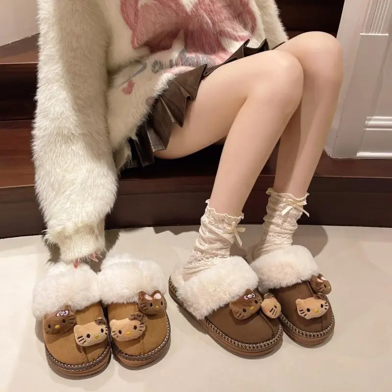 Kawaii Sanrio Hello Kitty Plush Doll Non-Slip Slippers Kawaii Warm Home Shoes Cute Outdoor Windproof and Cold-Proof Cotton Shoes