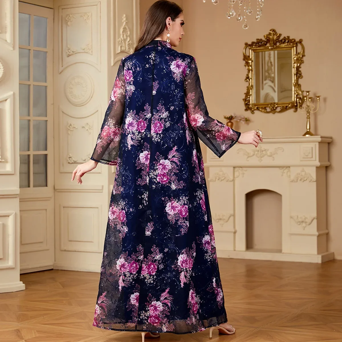 

Morocco Sequin Jalabiya Floral Print Abayas for Women Turkey Kaftan Dubai Muslim Dress Islam Clothing Eid Ramadan Femme Caftan