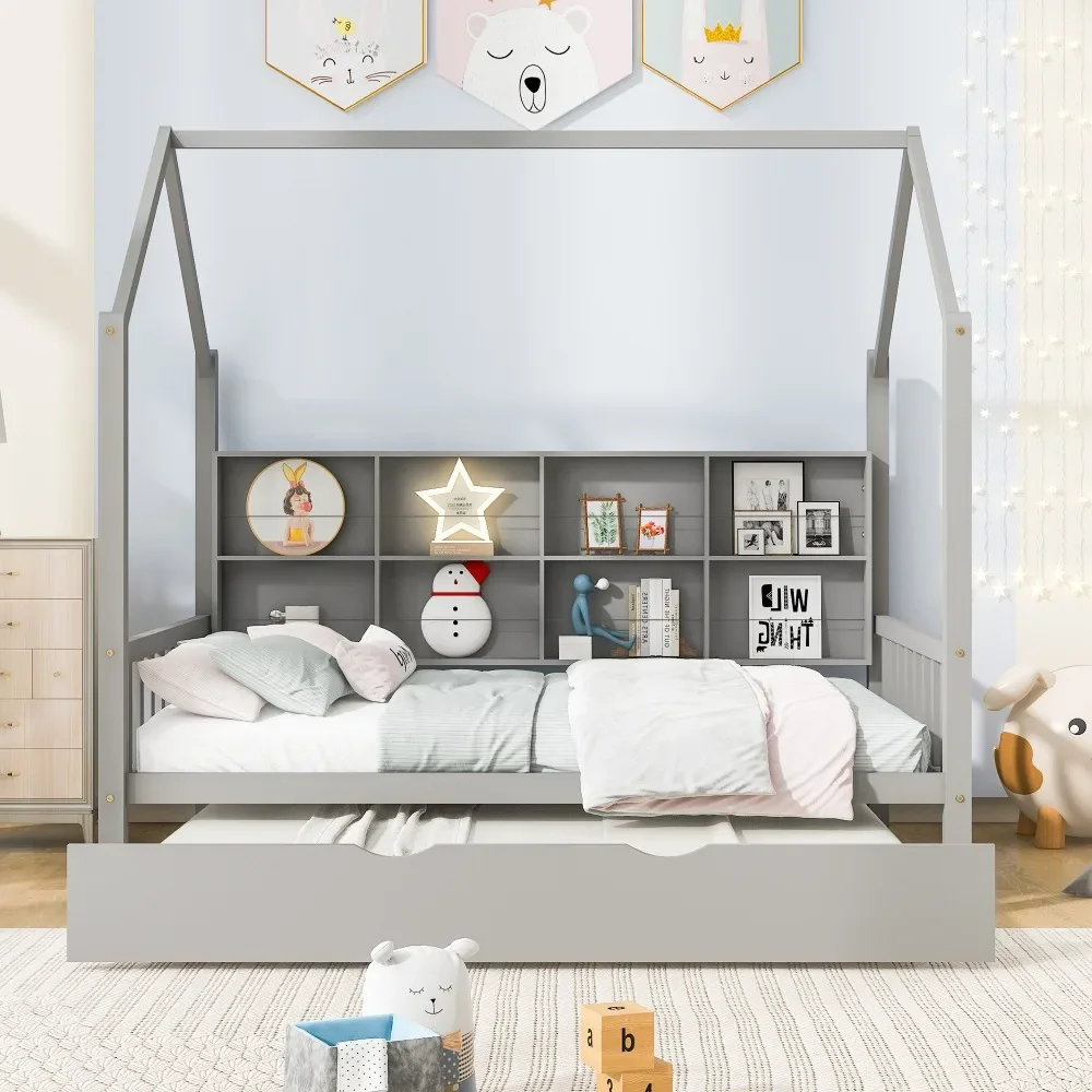 Wooden Full Size House Bed with Trundle,Kids Bed with Shelf Beds for Kids Space-saving A Better Sleeping Environment