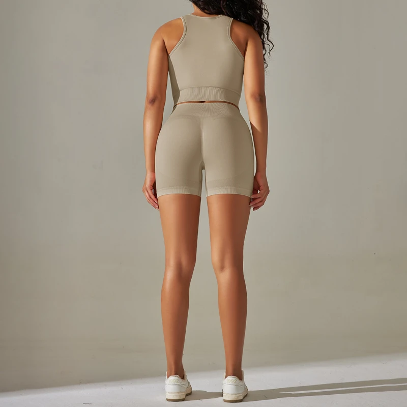 Matching Two Piece Sets for Women Yoga Clothes Seamless Knitted Solid Vests Gym Workout Lift Buttocks Yoga Shorts for Women