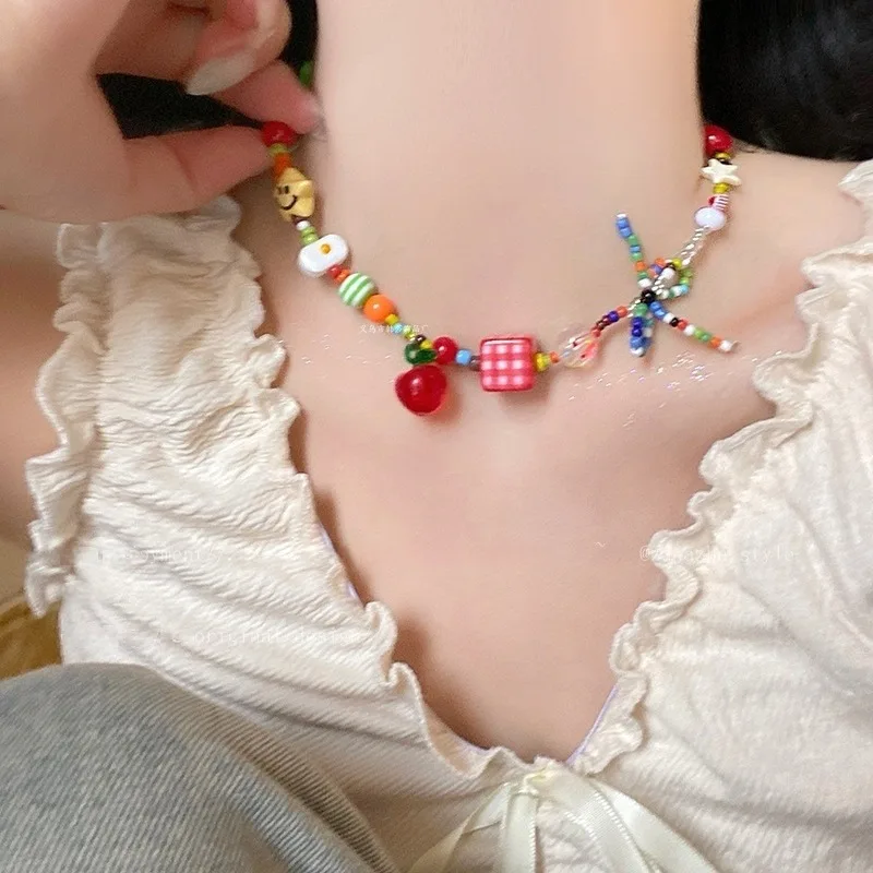 Apple Paradise Dopamine Colored Candy Star Beaded Necklace Girl Cute Children's Fun Summer Niche Clavicle Chain Ornament