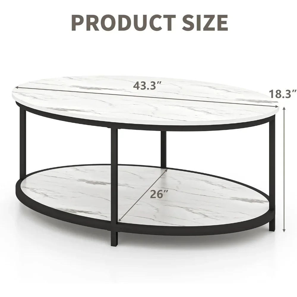 Oval Coffee Table, 43.3” Coffee Table with Wooden Shelf, 2-Tier Modern Table Open Storage for Living Room Bedroom Home Office