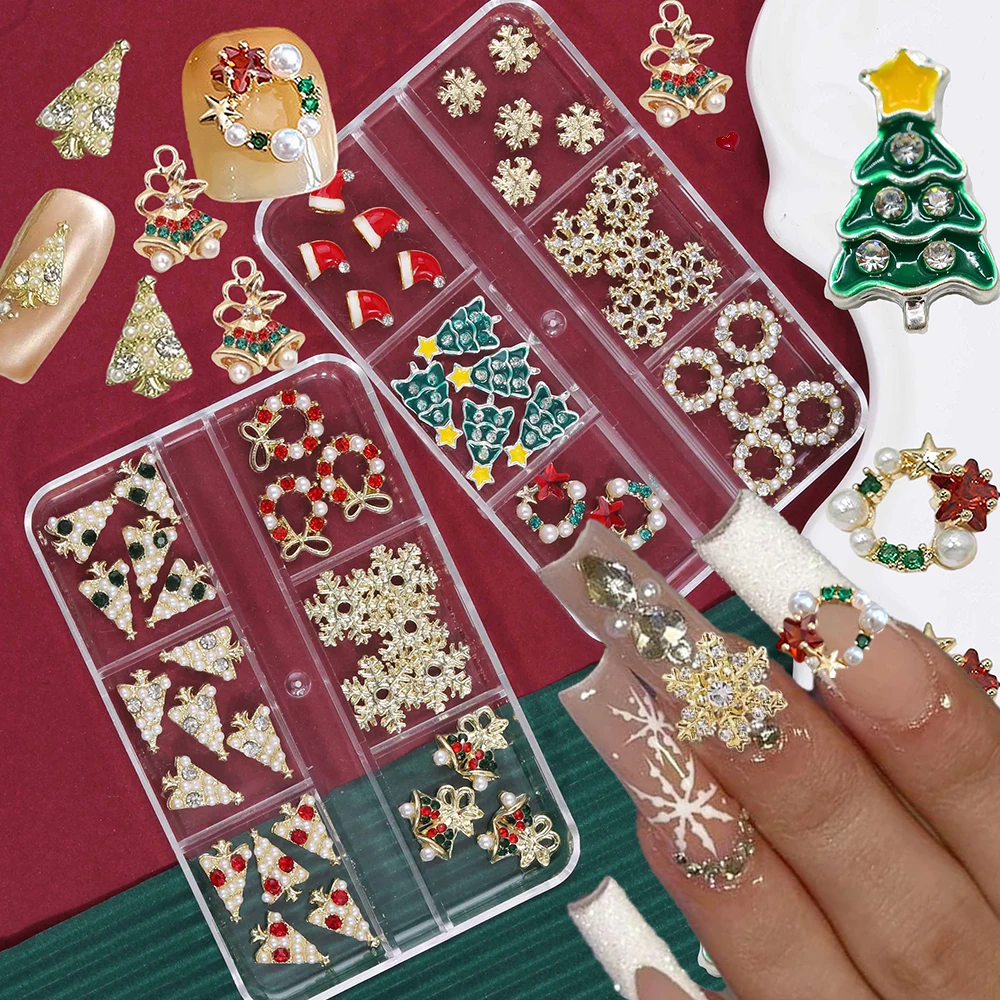 

6 Grids Christmas 3D Luxury Alloy Nail Rhinestones Snowflake Bell Wreath Christmas Tree Nail Jewelry Charms DIY Xmas Nail Decoro