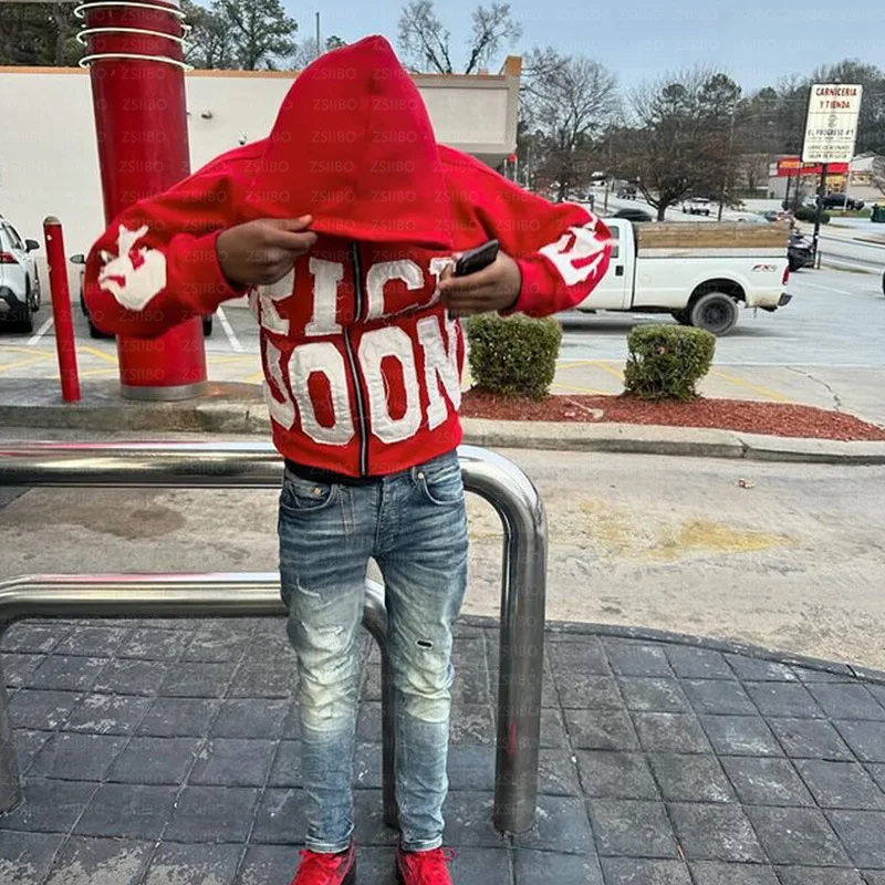 2025 new Y2k American color letter embroidery zipper hoodie Men's fashionable high street knitted sweatshirt Retro casual