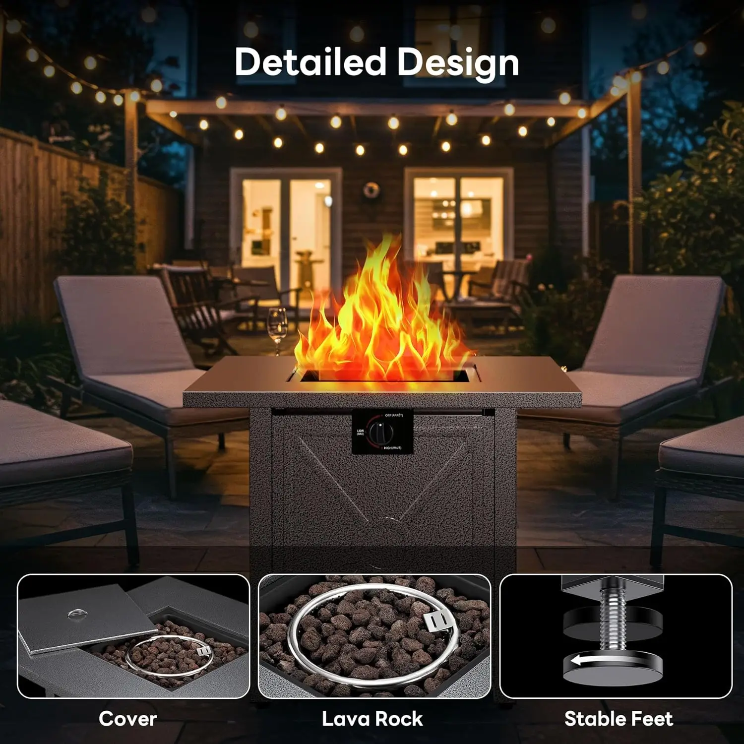 50000 BTU Steel Outdoor Patio Deck Garden Propane Fire Pit with Lid, Lava Rock and 3-in-1 Multi-Use view 4