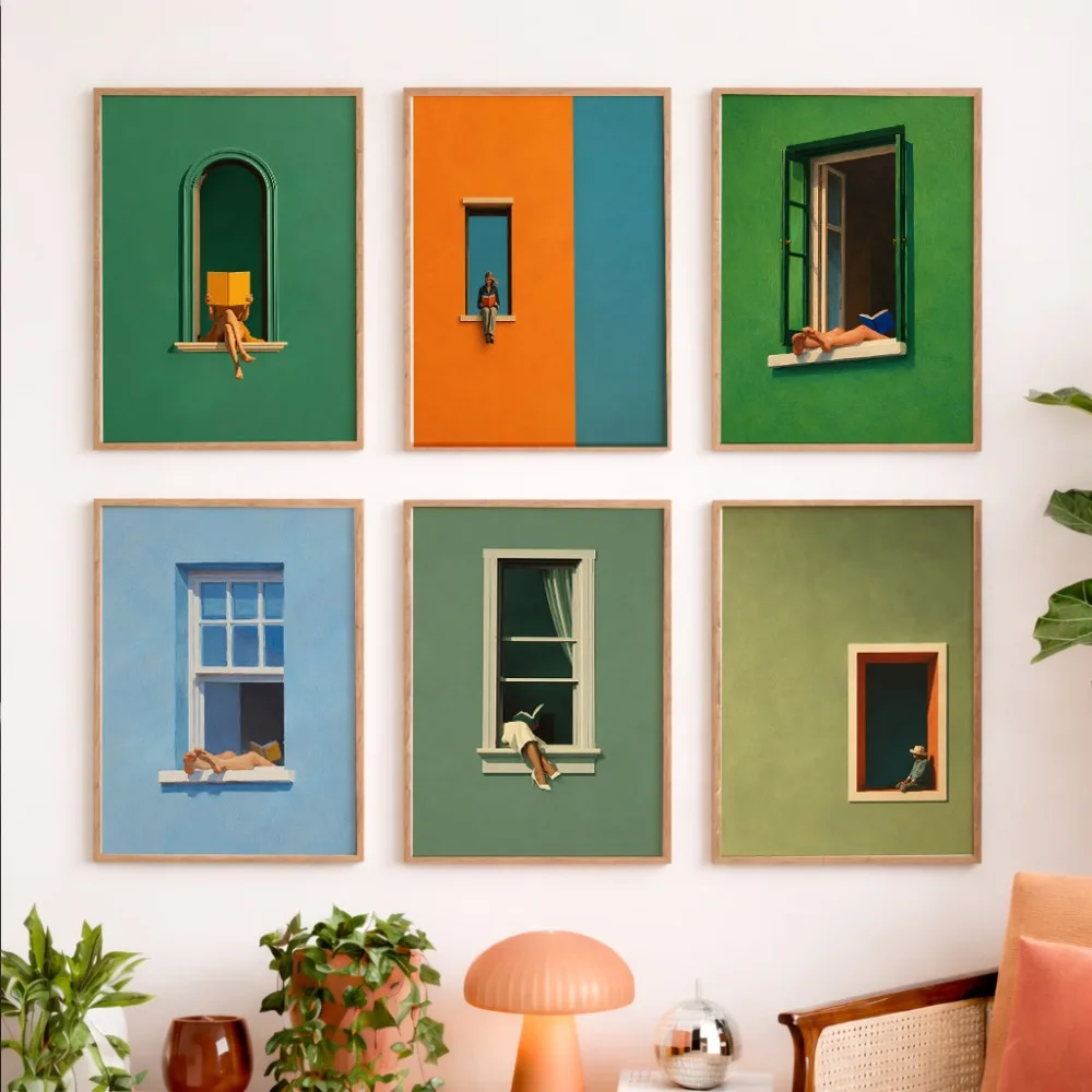 6 Pieces of Minimalist Contrasting Canvas Wall Paintings, Window Side Reading, Character Illustrations, Posters Wall Decorations