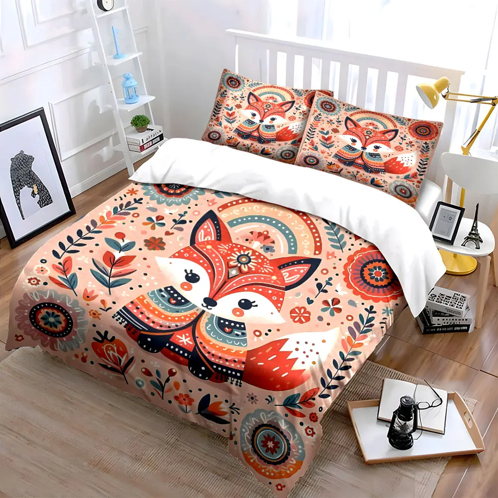 Patterned fox with nature-inspired decor Printed Duvet Cover Set 1 Duvet Cover+2 Pillowcase Multi Size Bedroom Bedding Decor