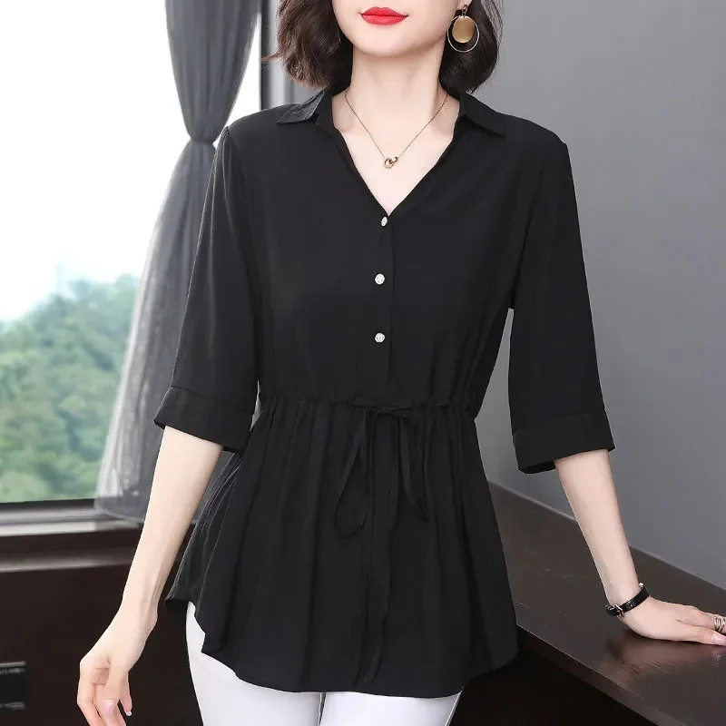 Women Wear Ice silk Cotton Lace-up Shirt Summer Style Loose Cover Belly Collection Waist Top Shirt Large Size Medium Length Thin