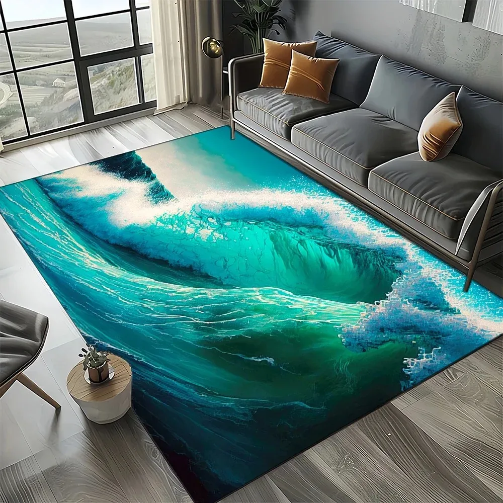 Realistic Monochrome Sea Wave Area Rug Black White Grey Storm Ocean Surf Pattern Floor Carpet for Living Room  Indoor Home Decor