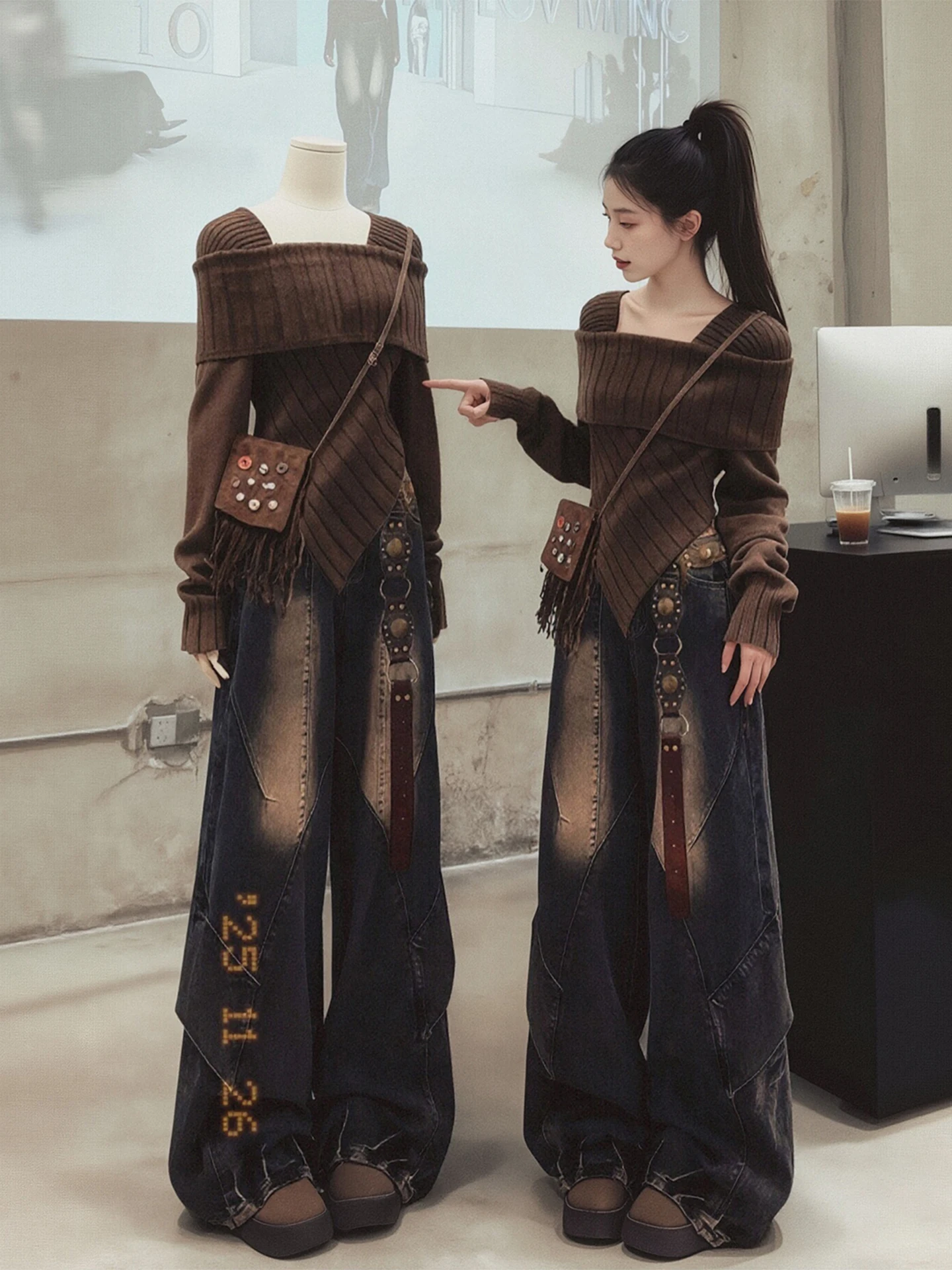 

Fashionable Knitted Sweater And Jeans Set for plus Size Women High Waist Loose Fit Winter Outfit Casual Wear Vintage Style