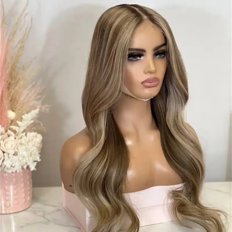 

Free Part Wig Ready To Ship Wig Ombre Brown Blonde Highlight HD Lace Synthetic Premium Fibre Heat Resistant Party Cosplaly Daily