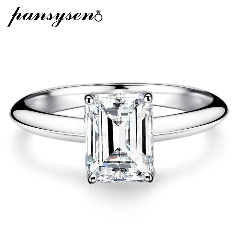 

PANSYSEN Real 2CT D Color Emerald Cut Moissanite Wedding Rings for Women 925 Sterling Silver 18K White Gold Plated Fine Jewelry