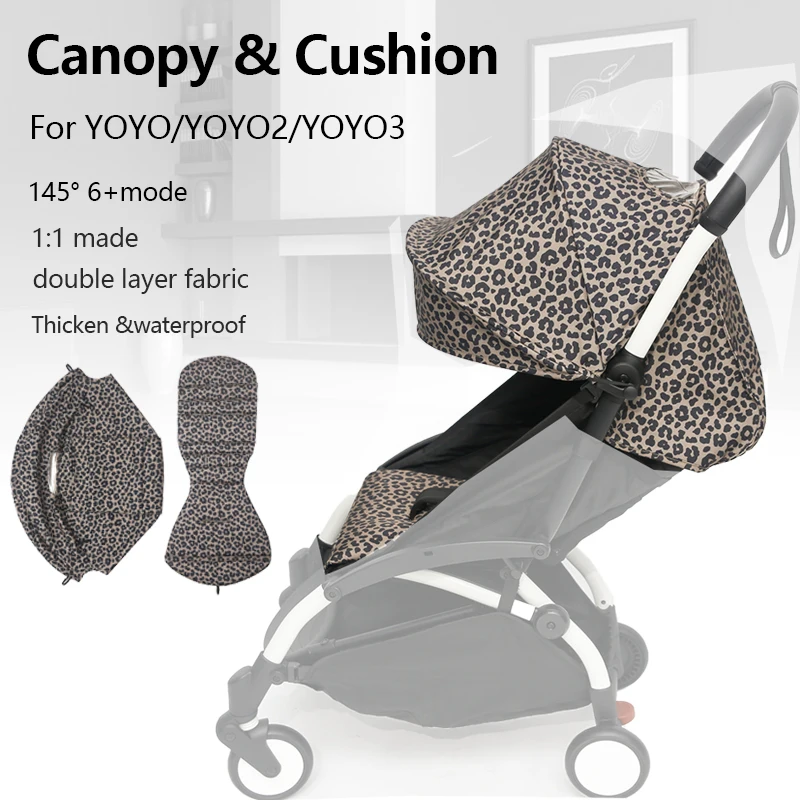 2Pcs/Set Sunshade& Mattress 6+ Hood Stroller Accessories Fit for Yoyo2/Yoyo3 Thicken Fabric Leopard Pattern Canopy Seat Liner