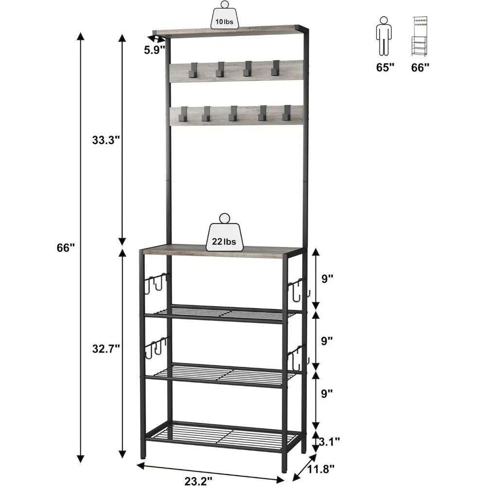 Coat Rack with Shoe Storage, 5-Tier Shoe and Coat Rack with 9 Clothes Hooks, Freestanding Hall Tree Organizer for Entry