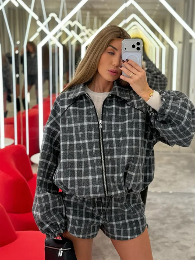 Lady Casual Plaid Shorts Set Women Fashion Lapel Long Sleeve Zipper Jacket Short Pants Sets Spring Daily Street Outfits 2026