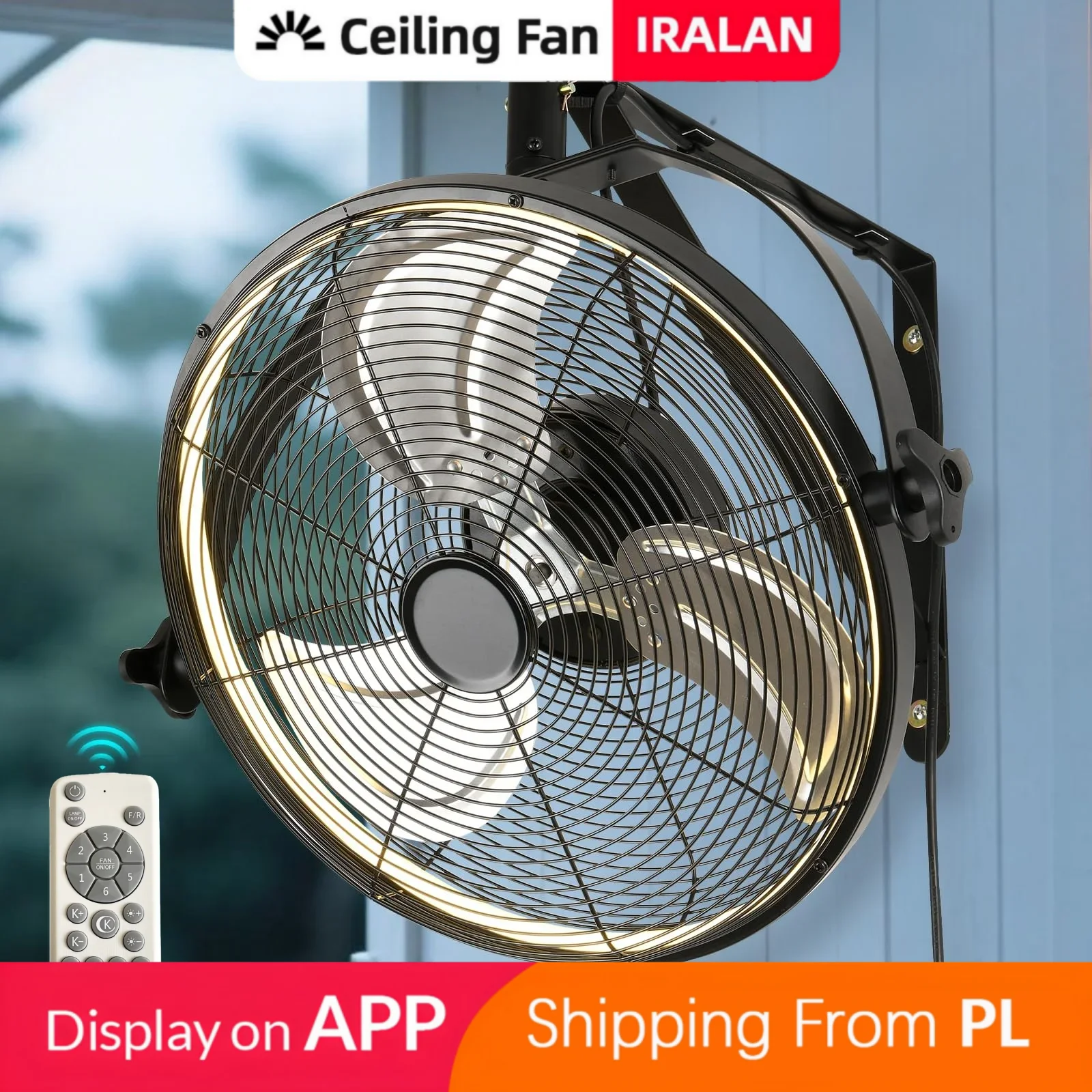 Ventilador de pared IRALAN con iluminación LED, motor reversible de 360 grados, malla de seguridad reforzada, diseñado para cocinas comerciales