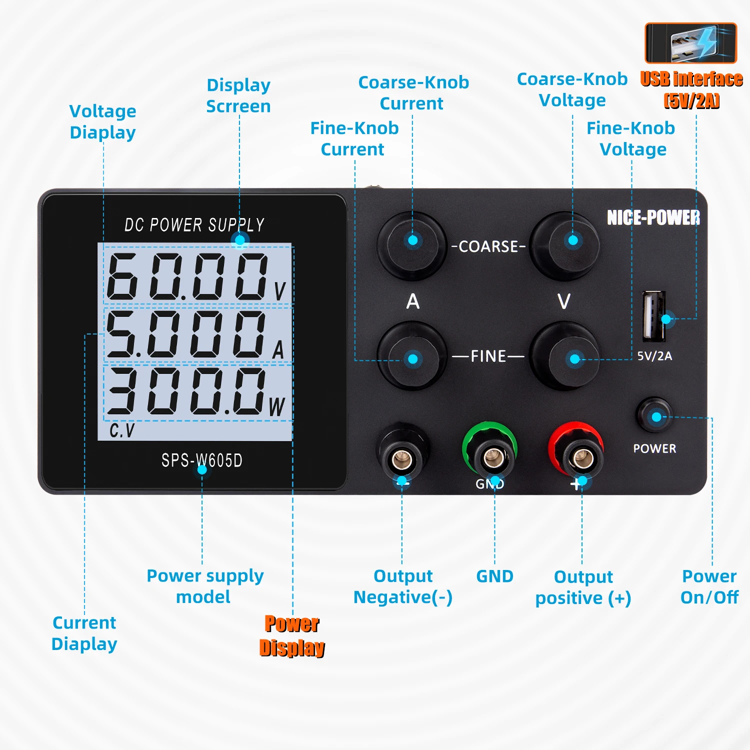 NICE-POWER SPS-W605D Adjustable 60V 5A Dc Regulated Switching Power Supply Dc Regulated Power Supply Digital Self Protection