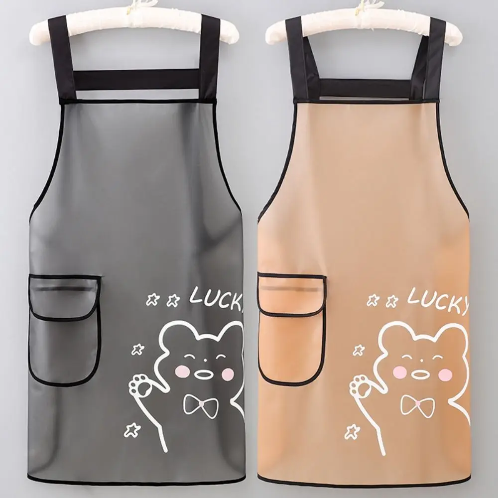 TPU Kitchen Apron Cute Cartoon Bears Oil Resistant Waterproof Work Apron Transparent Black White Dirt-Proof Cleaning Aprons