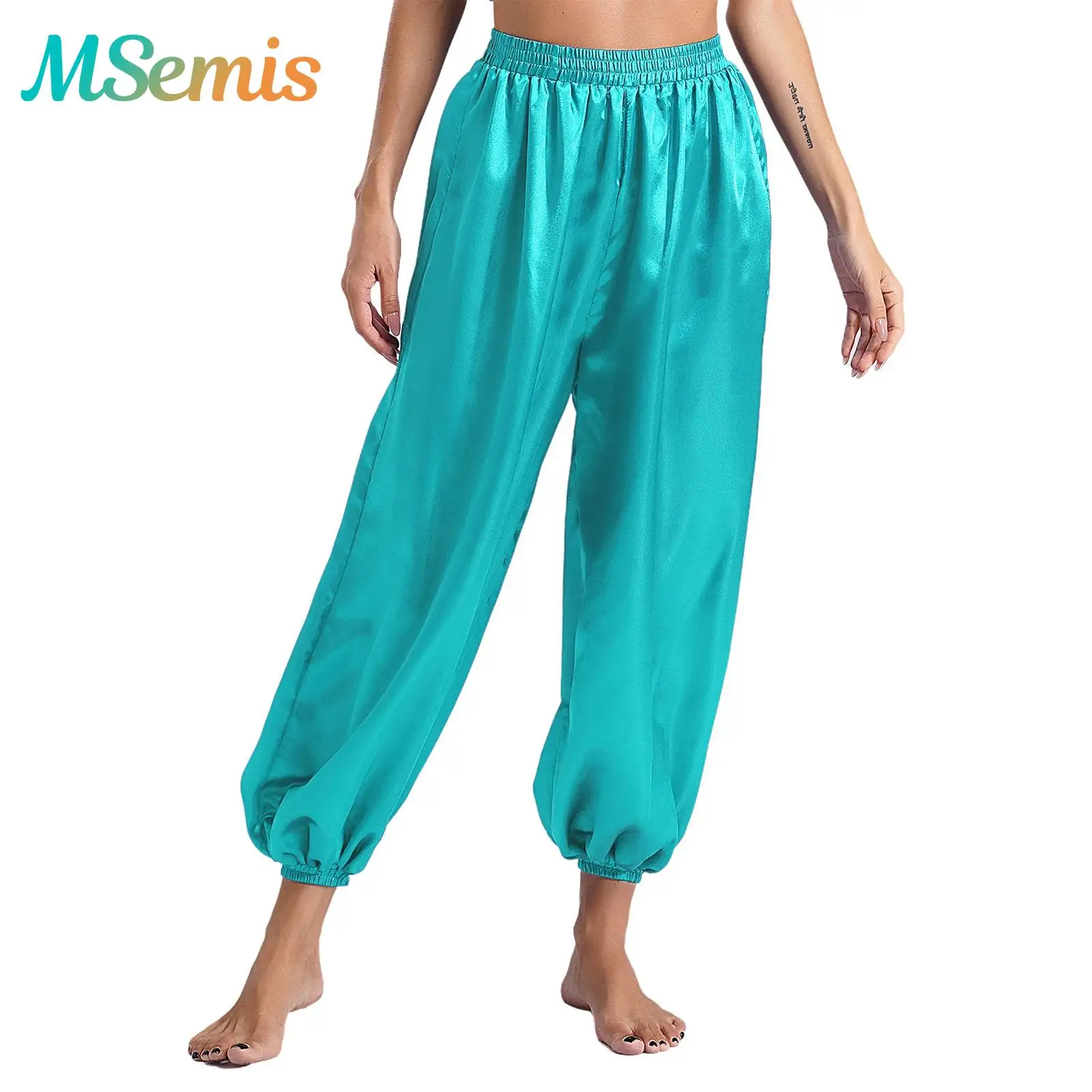 Damskie luźne spodnie, karnawałowe przebranie, jedwabiste bloomersy do tańca brzucha, arabskie kostiumy księżniczki, luźne satynowe spodnie do tańca brzucha.