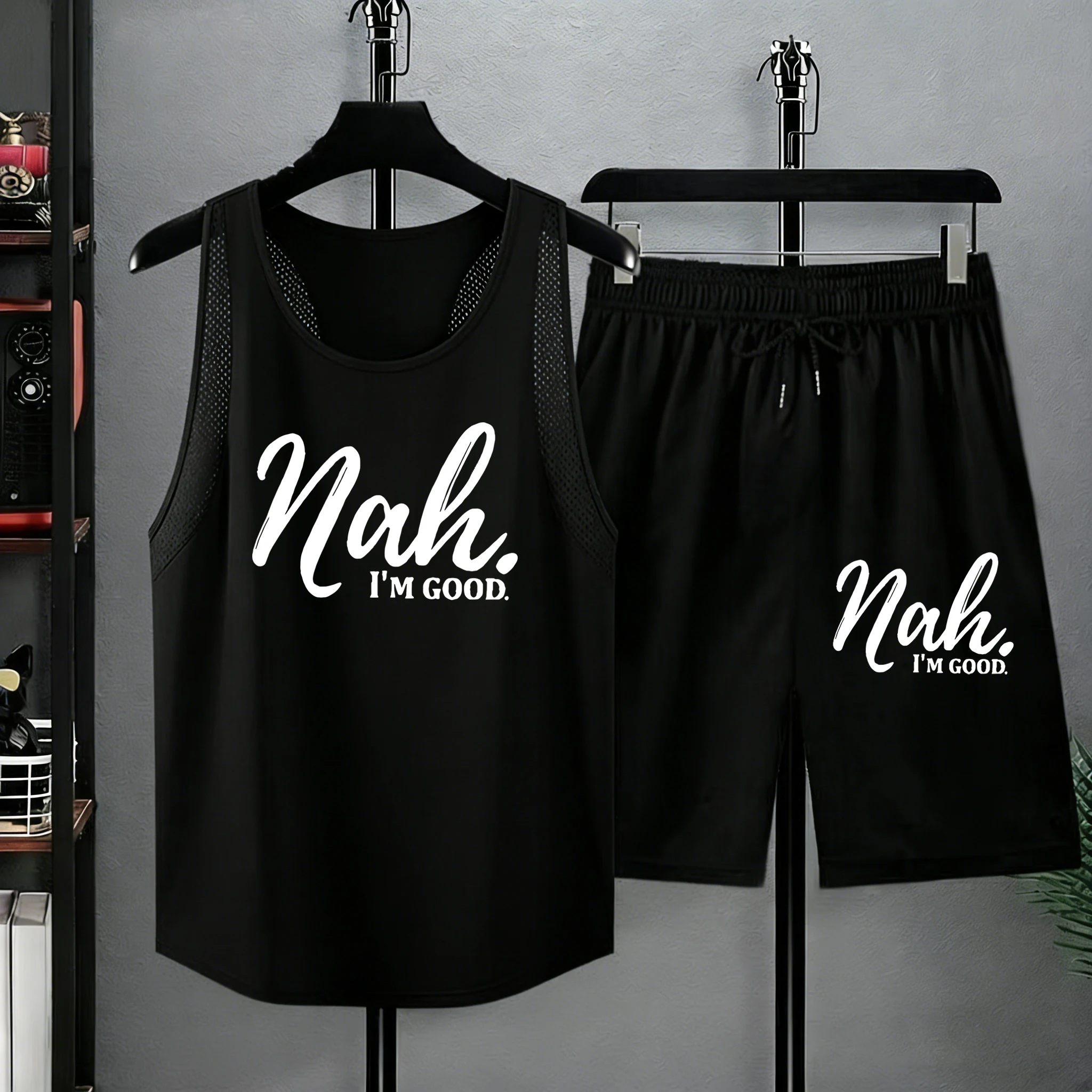 

Nah I'M Good Print Summer Men Gym Swim Pants Sport Breathable Vest&Shorts Suit Loose Simple Bottom Fashion Cool Sleeveless Tee