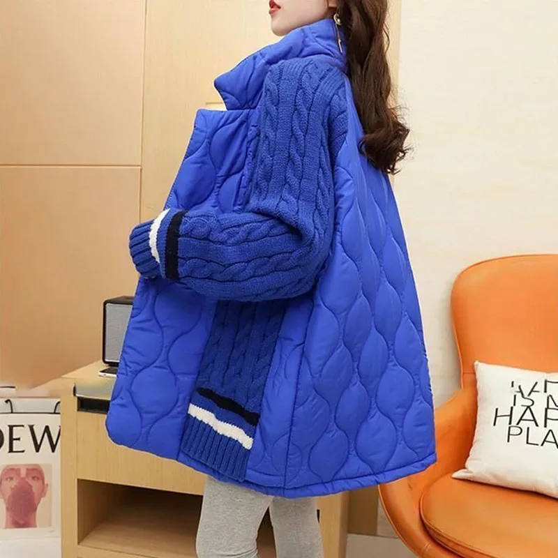 

New Womens Blue Sweater Splicing Padded Jacket Autumn Winter Thick Warm Down Cotton Coat Female Knitted Cardigan Parker Overcoat