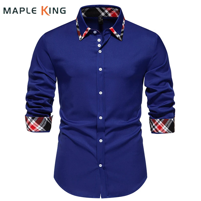 

Patchwork Plaid Designer Clothes Men Dress Shirts Autumn Long Sleeve Social Business Office Workwear Men Formal Chemises Tops