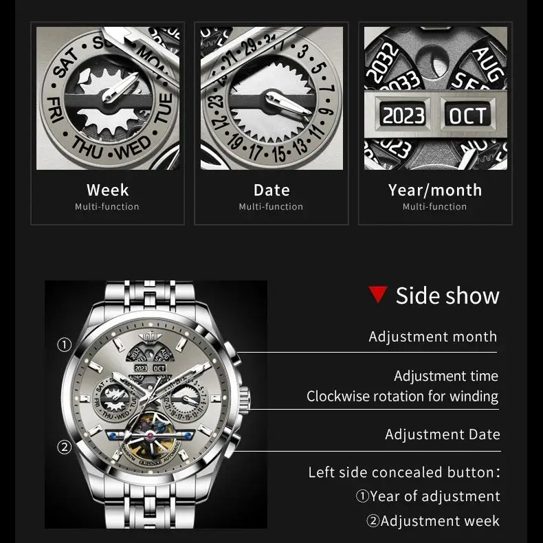 OUPINKE 3251 Luxury Watch Hollow Flywheel Men Automatic Mechanical Watch Waterproof Clock Brand Calendar Week Men Watch Reloj